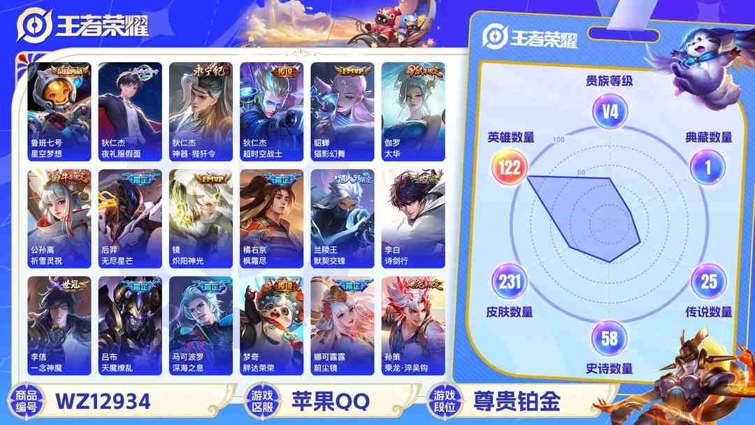 王者荣耀账号苹果QQ【WZ3669】贵族4/皮肤231/典藏1/传说25/史诗58/英雄122/鲁班七号_星空梦想/孙尚香_蔷薇恋人/艾琳_女武神/狄仁杰_超时空战士/吕布_天魔缭乱/孙尚香_末日机甲/梦奇_胖达荣荣/