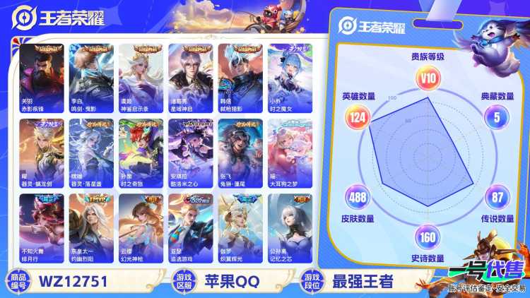 苹果QQ 124英雄 488皮肤 贵族等级10 已兑换荣耀水晶数5  赤影疾锋 鸣剑·曳影 神鉴启示录 星域神启 弑枪猎影 时之魔女 器灵·螭龙剑 器灵·落星盏 时之奇旅 酷洛米之心 兔狲·蓬尾...