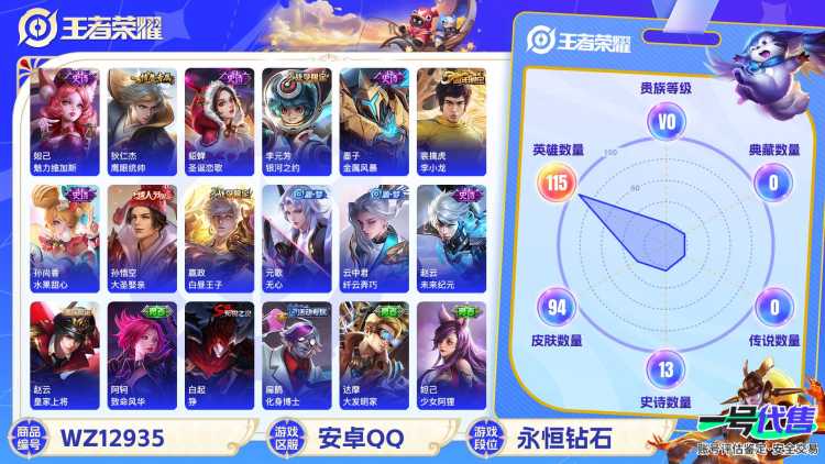 【WZF5495】贵族0/皮肤94/史诗13/英雄115/白起_狰/姜子牙_天穹之誓/狄仁杰_阴阳师/赵云_皇家上将/嬴政_白昼王子/吕布_猎兽之王/元歌_无心/典韦_穷奇/狄仁杰_万华元夜/项羽_