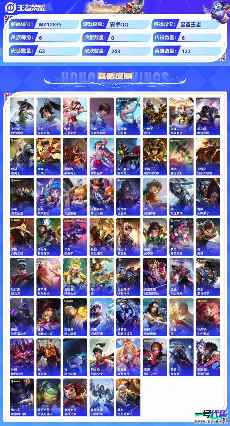 安卓QQ 122英雄 243皮肤 贵族等级6  末日机甲 地狱之眼 一念神魔 愿照·岁时盈 猫影幻舞 黄金狮子座 梁祝 天狼绘梦者 魅语 纤云弄巧 布丁狗之誓 心灵战警 天狼溯光者 云间偶戏 无...