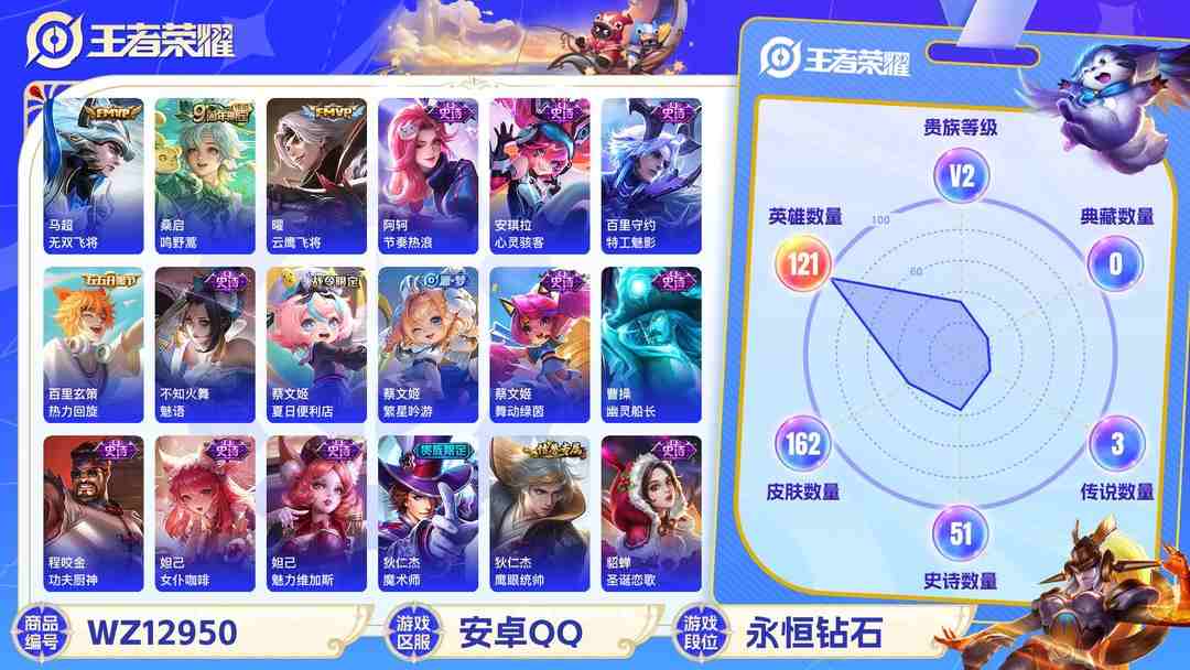 王者荣耀账号安卓QQ【WZX4812】贵族2/皮肤162/传说3/史诗51/英雄121/高渐离_玩趣恶龙/干将莫邪_胡桃夹子/曜_云鹰飞将/马超_无双飞将/桑启_鸣野蒿/蔡文姬_夏日便利店/虞姬_夏日便利店/姜子牙_天