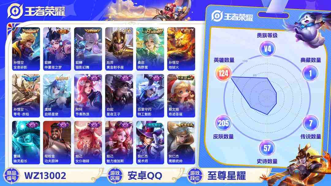 王者荣耀账号安卓QQ【WZX4779】贵族4/皮肤205/典藏1/传说7/史诗57/英雄124/孙悟空_全息碎影/高渐离_玩趣恶龙/孙悟空_地狱火/貂蝉_仲夏夜之梦/后羿_黄金射手座/貂蝉_猫影幻舞/孙悟空_零号·赤焰