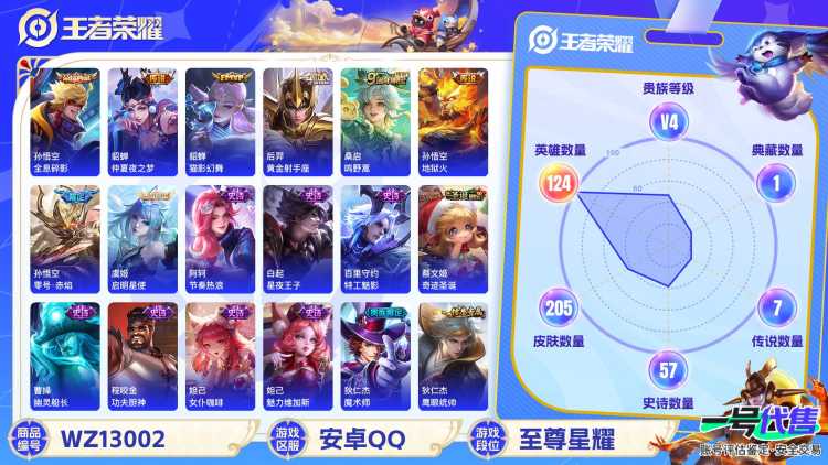 【WZX4779】贵族4/皮肤205/典藏1/传说7/史诗57/英雄124/孙悟空_全息碎影/高渐离_玩趣恶龙/孙悟空_地狱火/貂蝉_仲夏夜之梦/后羿_黄金射手座/貂蝉_猫影幻舞/孙悟空_零号·赤焰