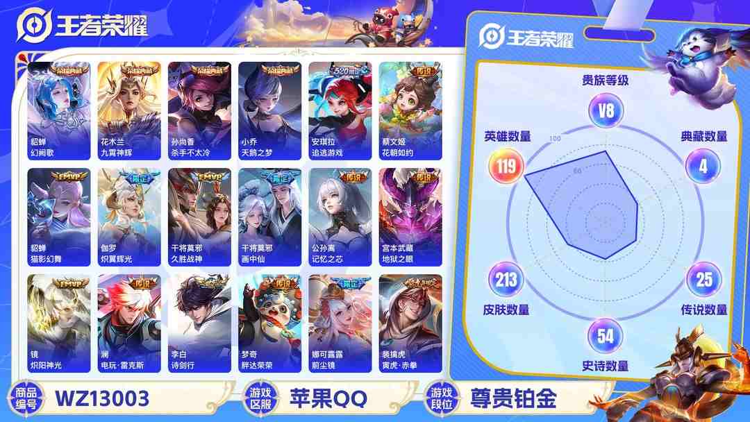 王者荣耀账号苹果QQ【WZX4774】贵族8/皮肤213/典藏4/传说25/史诗53/英雄119/小乔_天鹅之梦/孙尚香_杀手不太冷/花木兰_九霄神辉/貂蝉_幻阙歌/孙尚香_蔷薇恋人/宫本武藏_地狱之眼/梦奇_胖达荣荣