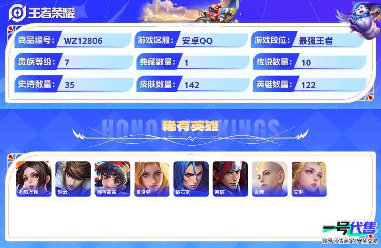 安卓QQ 122英雄 142皮肤 贵族等级7 已兑换荣耀水晶数1  九霄神辉 时之奇旅 怪盗基德 江户川柯南 幻光神枪 音你心动 愿照·千秋盛 末日机甲 地狱之眼 久胜战神 胖达荣荣 愿照·九州...