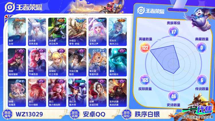 【WZF5514】贵族7/皮肤165/典藏1/传说6/史诗45/英雄122/武则天/孙尚香_蔷薇恋人/武则天_海洋之心/孙尚香_末日机甲/伽罗_太华/孙悟空_零号·赤焰/孙尚香_异界灵契/王昭君_星