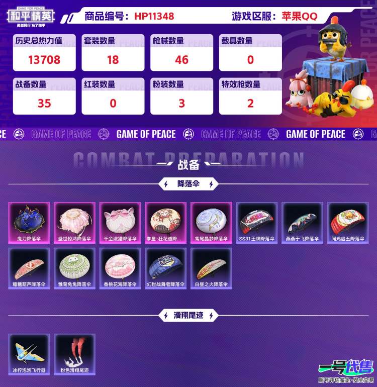 苹果QQ 历史总热力值:13708 粉装数量:3 特效枪数量:2 王牌印记:1 历史最高段位:超级王牌4星 套装数量:18 时装数量:72 枪械数量:46 战备数量:35 装备数量:58 时装:...