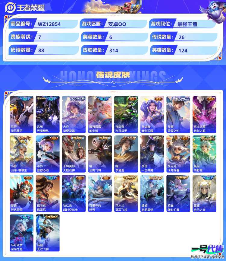 安卓QQ 124英雄 314皮肤 贵族等级7 已兑换荣耀水晶数7  无限飓风号 全息碎影 天鹅之梦 鸣剑·曳影 九霄神辉 星域神启 时之魔女 无尽星芒 天魔缭乱 挚爱花嫁 前尘镜 末日机甲 音你...