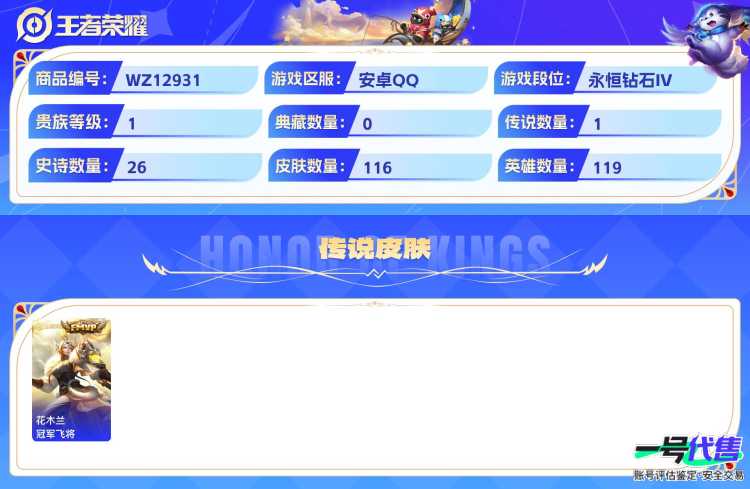 安卓QQ 119英雄 116皮肤 贵族等级1  冠军飞将 梁祝 纤云弄巧 心灵战警 驯魔猎人 圣诞狂欢 乘风破浪 白昼王子 大圣娶亲 猫狗日记 鬼剑武藏 幽灵船长 逐浪之夏 千年之狐 魔术师 猪...