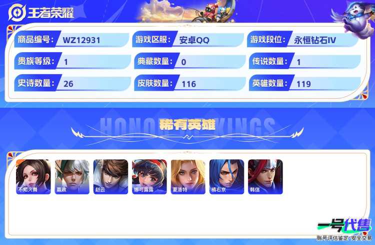 安卓QQ 119英雄 116皮肤 贵族等级1  冠军飞将 梁祝 纤云弄巧 心灵战警 驯魔猎人 圣诞狂欢 乘风破浪 白昼王子 大圣娶亲 猫狗日记 鬼剑武藏 幽灵船长 逐浪之夏 千年之狐 魔术师 猪...