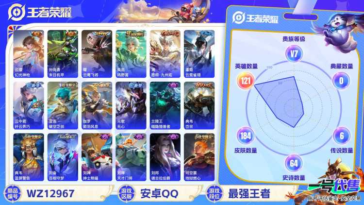 安卓QQ 121英雄 184皮肤 贵族等级7  幻光神枪 末日机甲 云鹰飞将 鸣野蒿 愿照·九州拓 云霓雀翎 纤云弄巧 破空之剑 箭羽风息 无心 暗隐猎兽者 岱宗 蓝屏警告 百相守梦 绅士熊喵 ...