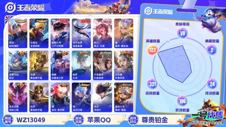 【WZSA543】贵族8/皮肤321/典藏2/传说24/史诗104/英雄123/孙悟空_全息碎影/韩信_弑枪猎影/妲己_青丘·九尾/曜_器灵·螭龙剑/马可波罗_怪盗基德/鲁班七号_江户川柯南/孙尚香