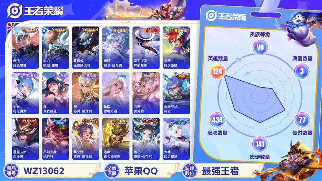 王者荣耀账号苹果QQ【WZN4372】贵族11/皮肤434/典藏3/传说76/史诗139/英雄124/夏侯惇_无限飓风号/李白_鸣剑·曳影/韩信_弑枪猎影/瑶_真我赫兹/小乔_时之魔女/甄姬_雪境奇遇/曜_器灵·螭龙剑