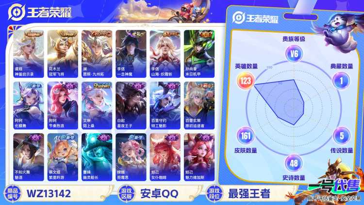 【WZX4856】贵族6/皮肤161/典藏1/传说5/史诗47/英雄123/虞姬_神鉴启示录/孙尚香_蔷薇恋人/艾琳_女武神/狂铁_特工战影/孙尚香_末日机甲/花木兰_冠军飞将/李信_一念神魔/李信
