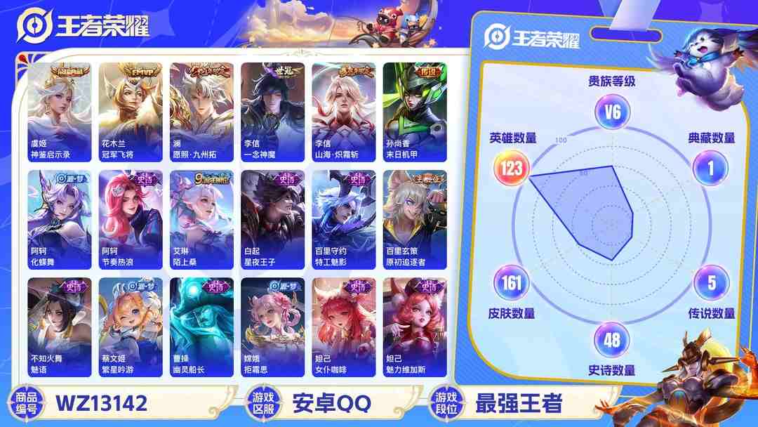 王者荣耀账号安卓QQ【WZX4856】贵族6/皮肤161/典藏1/传说5/史诗47/英雄123/虞姬_神鉴启示录/孙尚香_蔷薇恋人/艾琳_女武神/狂铁_特工战影/孙尚香_末日机甲/花木兰_冠军飞将/李信_一念神魔/李信
