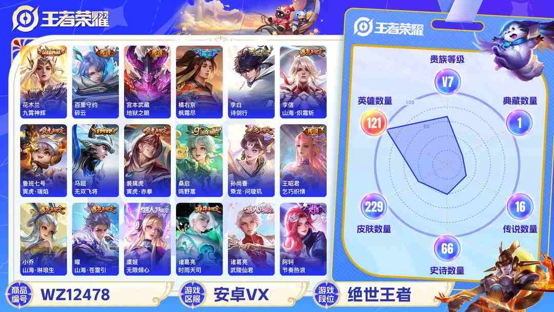 王者荣耀账号安卓VX可二次【16传说229皮肤1水晶1金标】安卓V区-121英雄-229皮肤【1水晶】 九霄神辉【传说皮肤】鸣野蒿 无限倾心 山海·苍雷引 山海·琳琅生 山海·炽霜斩 诗剑行 碎云 枫霜尽 无双飞将 地
