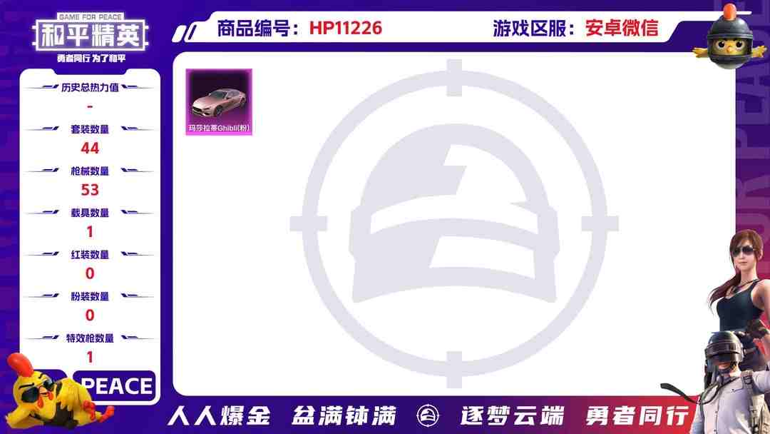 和平精英账号安卓微信可二次【粉色玛莎1载具1特效枪】 安卓V区-15646热力值--44套装-53枪皮 【1载具】 玛莎拉蒂粉色【1特效枪】 Kar98K-巳巳如意(5级)【20热门】 白色伏地魔 SS24特训 SS2