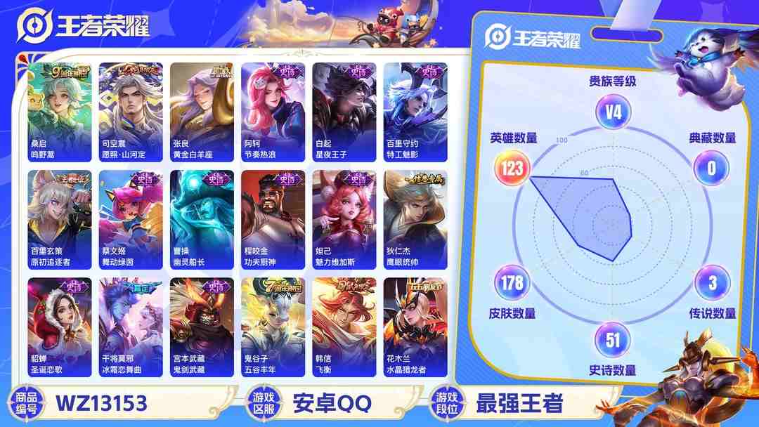 王者荣耀账号安卓QQ【WZX4866】贵族4/皮肤178/传说3/史诗51/英雄123/孙尚香_蔷薇恋人/高渐离_玩趣恶龙/狂铁_特工战影/张良_黄金白羊座/桑启_鸣野蒿/司空震_愿照·山河定/姜子牙_天穹之誓/狄仁杰