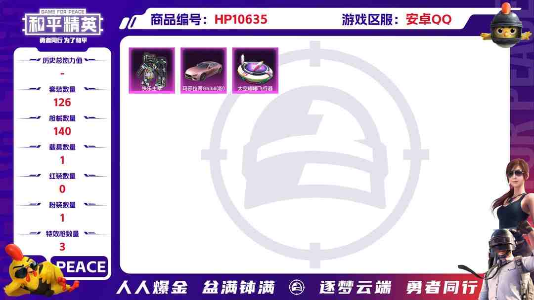 和平精英账号安卓QQ可二次【1载具3特效枪1粉装】 安卓Q区-42381热力值-14印记-126套装-140枪皮 【1载具】 玛莎拉蒂粉色【1粉装】 快乐主宰【3特效枪】 Kar98K-巳巳如意(5级) AUG-暖羊咩