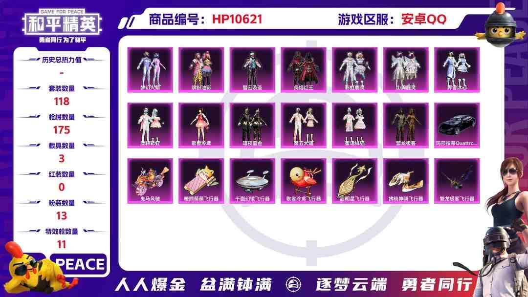 和平精英账号安卓QQ可二次【13粉装11特效枪3载具火箭少女素材号】 安卓Q区-64672热力值-7印记-118套装-175枪皮 【2载具】 玛莎拉蒂Q蓝色 鬼马风驰【13粉装】 梦幻火箭 山涧鹿灵 缤纷油彩（猪脸妹）