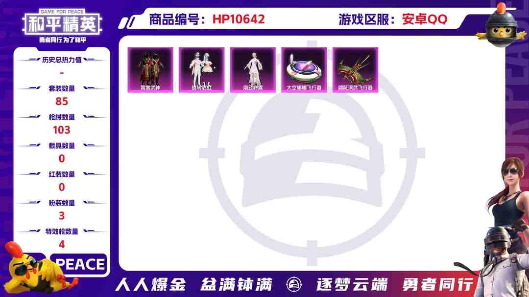 和平精英账号安卓QQ可二次【4特效枪3粉装】 安卓Q区-31790热力值-2印记-85套装-103枪皮 【3粉装】 旋转彩虹 霓裳武神 角色-烟云彩露【4特效枪】 M16A4-垂柳戏鸭(3级) GROZA-旋转彩虹(5