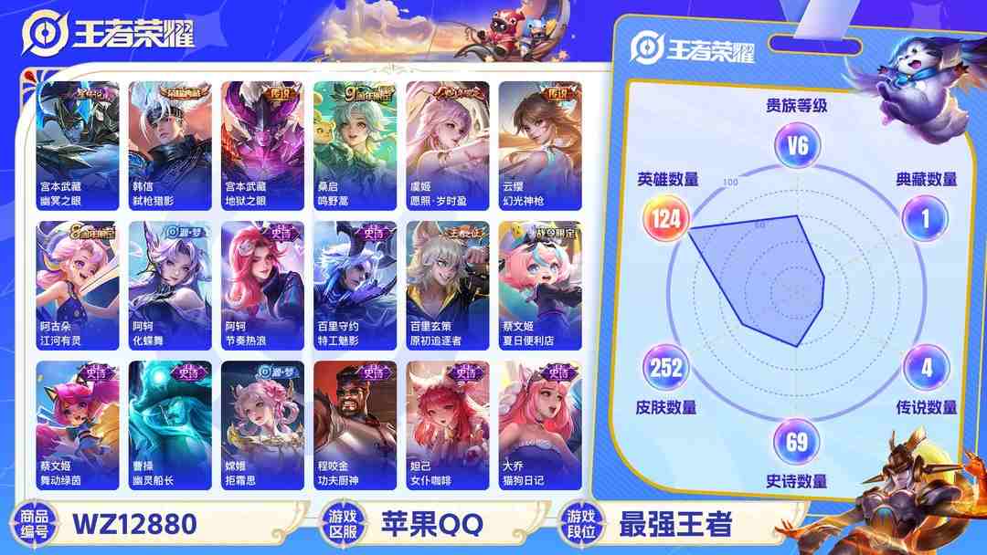 王者荣耀账号苹果QQ【252皮肤1水晶4传说1星元】苹果QQ-124英雄-252皮肤【1水晶】 弑枪猎影【星元皮肤】幽冥之眼【传说皮肤】愿照·岁时盈 鸣野蒿 地狱之眼 幻光神枪【史诗皮肤】龙之律动 星界战将 怒海争锋 