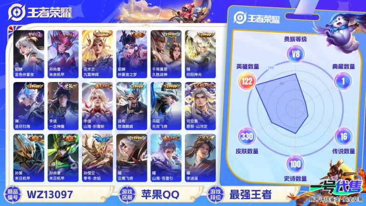 可二次【330皮肤16传说1水晶2星元】苹果QQ-122英雄-330皮肤【1水晶】 九霄神辉【星元皮肤】未来机甲 金色仲夏夜之梦【传说皮肤】愿照·山河定 李逍遥 逐花归海 云鹰飞将 山海·苍雷引 山