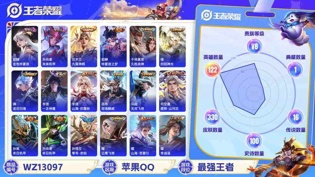 王者荣耀账号苹果QQ可二次【330皮肤16传说1水晶2星元】苹果QQ-122英雄-330皮肤【1水晶】 九霄神辉【星元皮肤】未来机甲 金色仲夏夜之梦【传说皮肤】愿照·山河定 李逍遥 逐花归海 云鹰飞将 山海·苍雷引 山