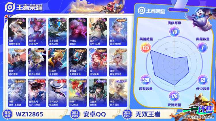 可二次【无双V10 527皮肤62传说8水晶4无双4珍品5星元1金标满蛇年】安卓QQ-125英雄-527皮肤【8水晶】 武则天 拾光映像 最初的交响 神鉴启示录 弑枪猎影 银白咏叹调 全息碎影 无限