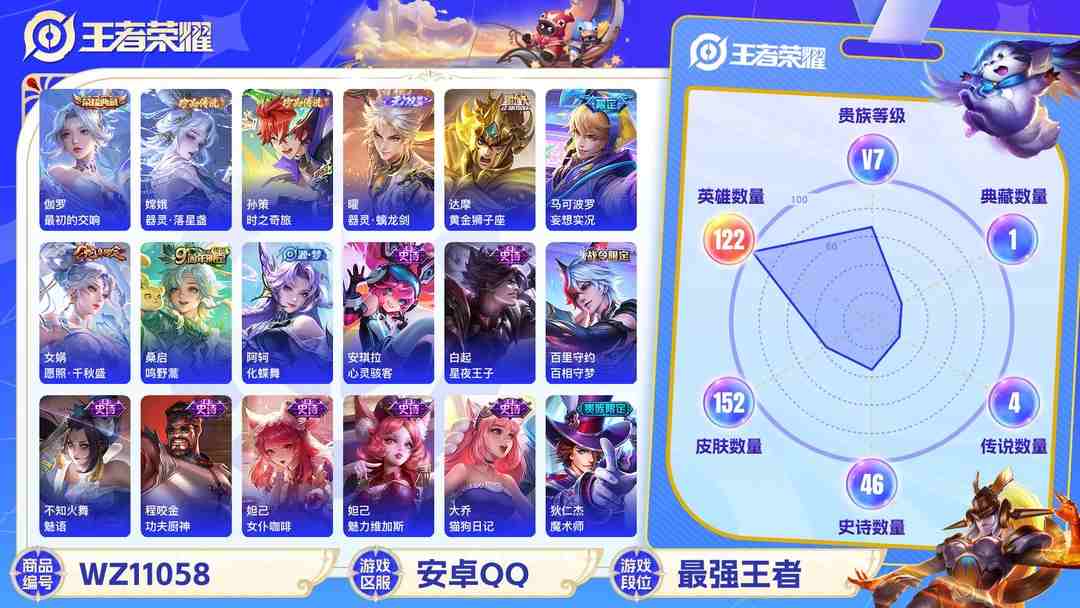 王者荣耀账号安卓QQ【WZF5347】贵族7/皮肤152/典藏1/传说4/史诗46/英雄122/伽罗_最初的交响/曜_器灵·螭龙剑/孙策_时之奇旅/嫦娥_器灵·落星盏/孙尚香_蔷薇恋人/狂铁_特工战影/达摩_黄金狮子座