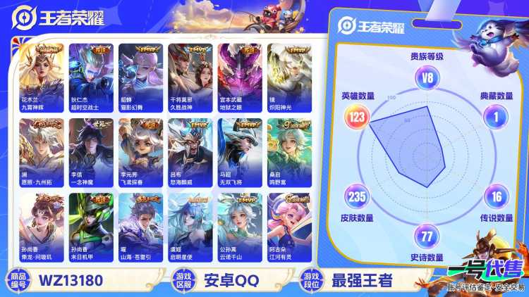 【WZN4380】贵族8/皮肤235/典藏1/传说16/史诗76/英雄123/花木兰_九霄神辉/镜炽阳神光/艾琳_女武神/狂铁_特工战影/狄仁杰_超时空战士/宫本武藏_地狱之眼/孙尚香_末日机甲/干