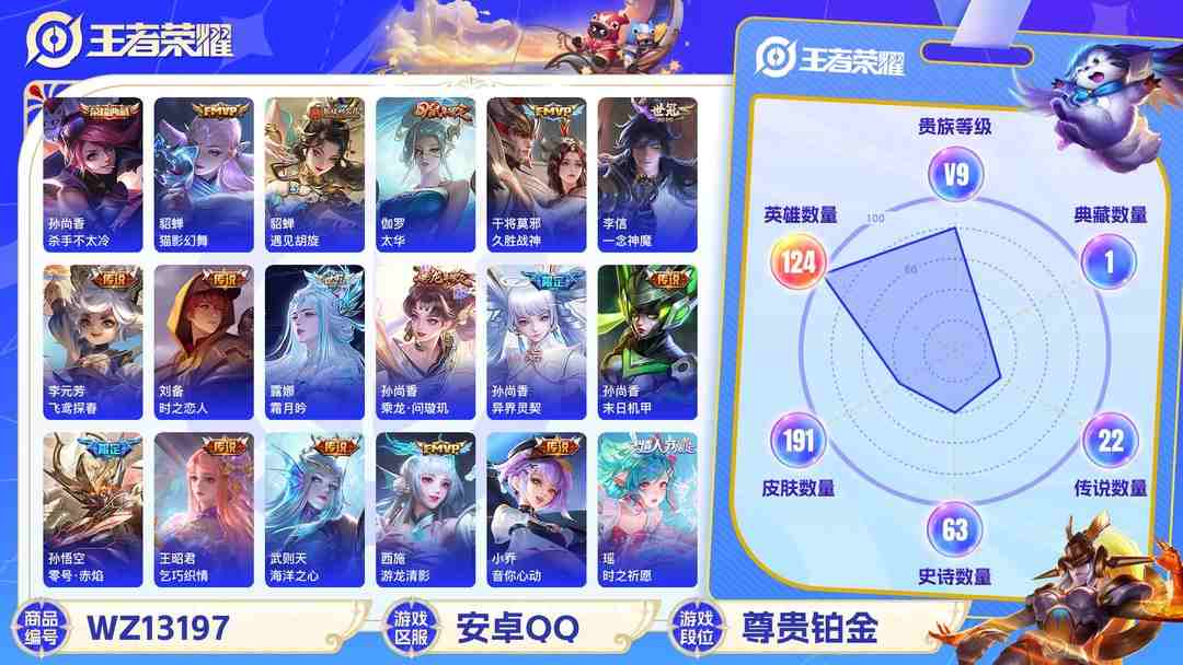 王者荣耀账号安卓QQ【WZX4878】贵族9/皮肤191/典藏2/传说22/史诗62/英雄124/武则天/孙尚香_杀手不太冷/孙尚香_蔷薇恋人/狂铁_特工战影/武则天_海洋之心/孙尚香_末日机甲/虞姬_云霓雀翎/干将莫