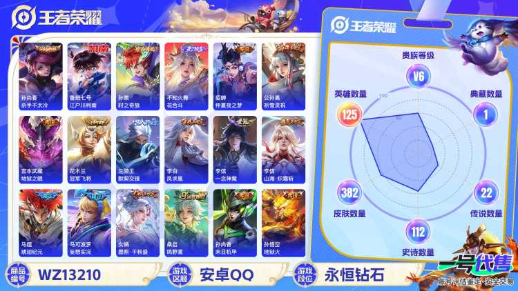 【WZF5516】贵族6/皮肤382/典藏2/传说22/史诗109/英雄125/武则天/孙尚香_杀手不太冷/不知火舞_花合斗/鲁班七号_江户川柯南/孙策_时之奇旅/孙尚香_蔷薇恋人/嬴政_优雅恋人/