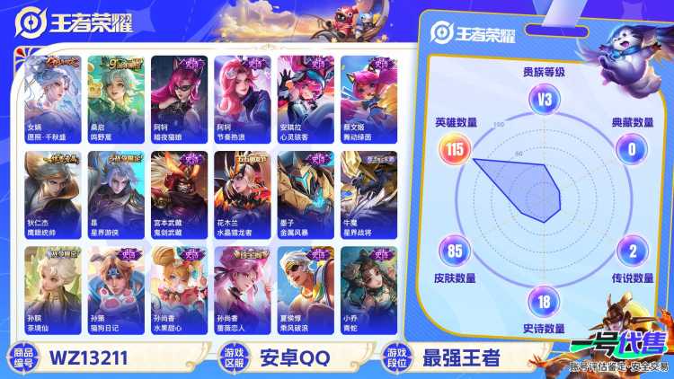 【WZF5530】贵族3/皮肤85/传说2/史诗18/英雄115/孙尚香_蔷薇恋人/狂铁_特工战影/桑启_鸣野蒿/女娲_愿照·千秋盛/狄仁杰_阴阳师/孙尚香_蔷薇恋人/达摩_沙漠行僧/项羽_海滩派对