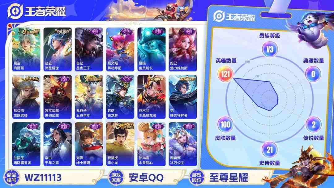 王者荣耀账号安卓QQ【WZ2938】贵族3/皮肤100/传说2/史诗21/英雄121/艾琳_女武神/狂铁_特工战影/赵云_淬星耀世/桑启_鸣野蒿/姜子牙_天穹之誓/狄仁杰_阴阳师/元歌_无心/达摩_沙漠行僧/项羽_海滩