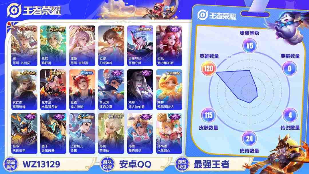 王者荣耀账号安卓QQ【WZX4803】贵族5/皮肤115/传说4/史诗24/英雄120/狂铁_特工战影/桑启_鸣野蒿/云缨_幻光神枪/虞姬_愿照·岁时盈/澜_愿照·九州拓/狄仁杰_阴阳师/赵云_皇家上将/庄周_高山流水