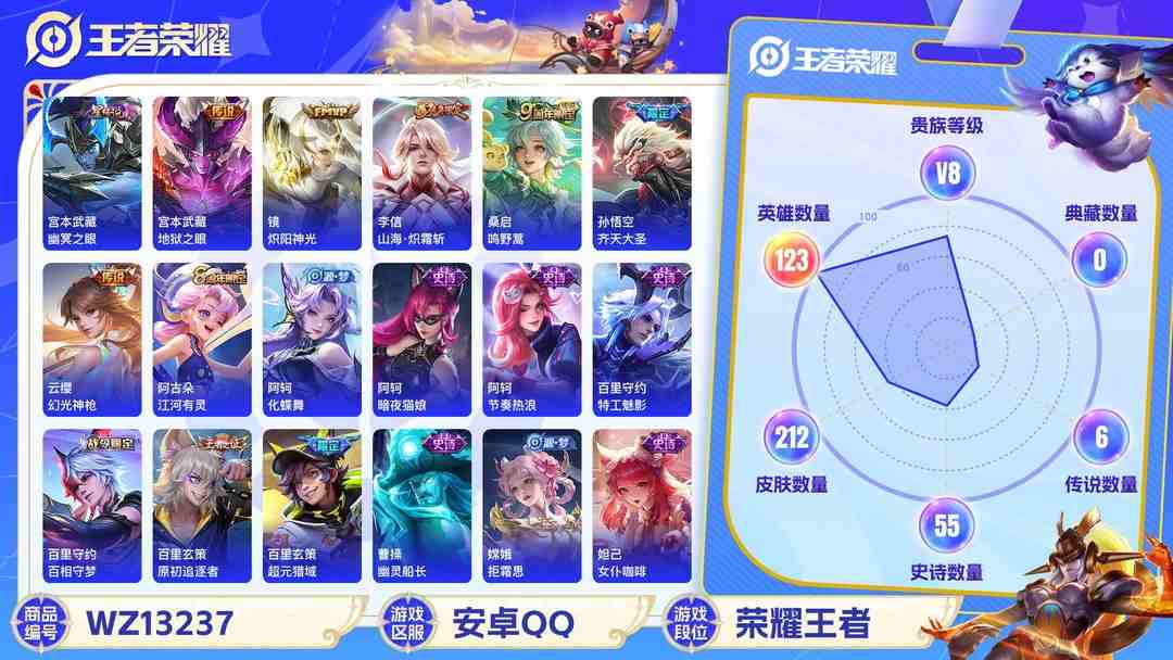 王者荣耀账号安卓QQ可二次【212皮肤6传说1星元】安卓Q-123英雄【1星元】幽冥之眼【6传说】鸣野蒿 齐天大圣 山海·炽霜斩 地狱之眼 炽阳神光 幻光神枪【60史诗】飞衡 龙之律动 琥珀纪元 星界战将 顽岩魄 燃音