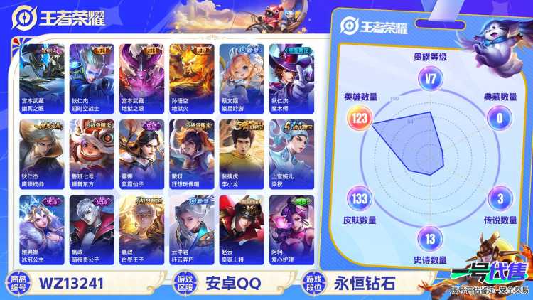 可二次【3传说1星元】安卓QQ-123英雄-133皮肤【星元皮肤】幽冥之眼【传说皮肤】超时空战士 地狱之眼 地狱火【史诗皮肤】天穹之誓 完美运算 繁星吟游 魔术师 鹰眼统帅 紫霞仙子 狮舞东方 狂想