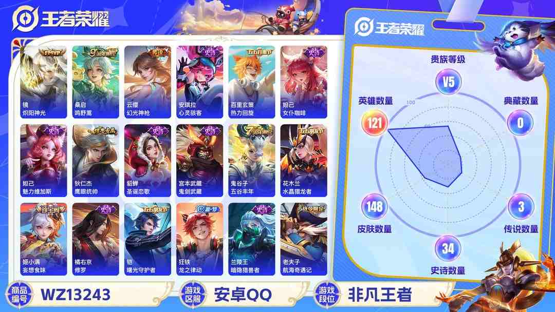 王者荣耀账号安卓QQ【148皮肤3传说】安卓Q-121英雄【3传说】鸣野蒿 炽阳神光 幻光神枪【38史诗】龙之律动 妄想食味 地狱燃心 天穹祈灯 天穹之誓 顽趣 完美运算 百解令 热力回旋 女仆咖啡 魅力维加斯 鹰眼统