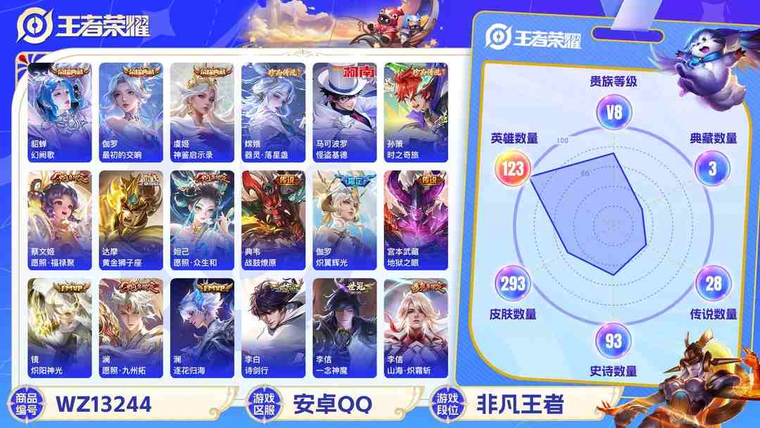 王者荣耀账号安卓QQ【28传说293皮肤3水晶3珍品满蛇年】安卓QQ-123英雄-293皮肤【3水晶】 最初的交响 幻阙歌 神鉴启示录【珍品传说】时之奇旅 器灵·落星盏 怪盗基德【传说皮肤】云诺千山 愿照·众生和 愿照