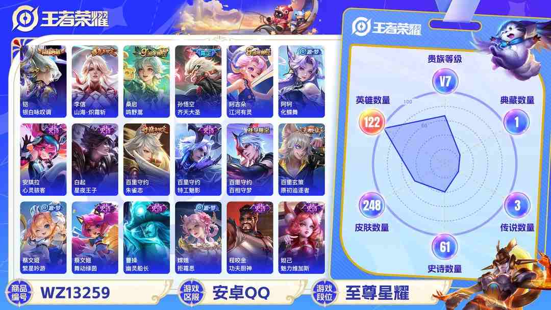 王者荣耀账号安卓QQ【WZSA548】贵族7/皮肤248/典藏1/传说3/史诗60/英雄122/铠_银白咏叹调/嬴政_优雅恋人/高渐离_玩趣恶龙/狂铁_特工战影/李信_山海·炽霜斩/孙悟空_齐天大圣/桑启_鸣野蒿/姜子