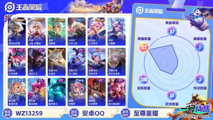 【WZSA548】贵族7/皮肤248/典藏1/传说3/史诗60/英雄122/铠_银白咏叹调/嬴政_优雅恋人/高渐离_玩趣恶龙/狂铁_特工战影/李信_山海·炽霜斩/孙悟空_齐天大圣/桑启_鸣野蒿/姜子