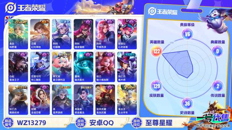 可二次【2传说练手小号】安卓QQ-122英雄-129皮肤【传说皮肤】鸣野蒿 幻光神枪【史诗皮肤】燃音魔法 天穹祈灯 天穹之誓 破空之剑 星界游侠 完美运算 幽灵船长 魅力维加斯 魔术师 鹰眼统帅 圣