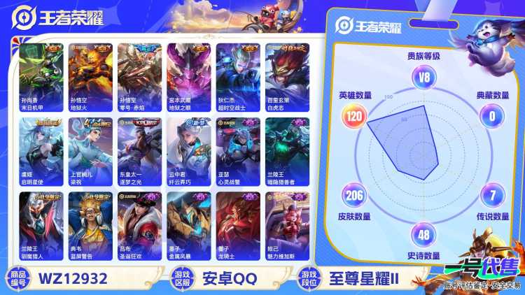 安卓QQ 120英雄 206皮肤 贵族等级8  末日机甲 地狱火 零号·赤焰 地狱之眼 超时空战士 白虎志 启明星使 梁祝 逐梦之光 纤云弄巧 心灵战警 暗隐猎兽者 驯魔猎人 蓝屏警告 圣诞狂欢...
