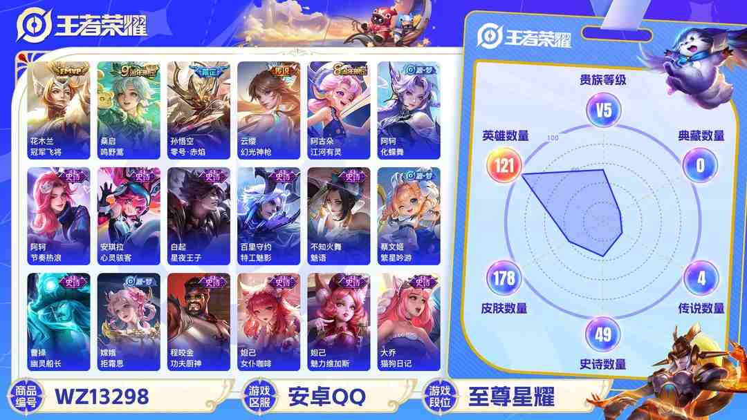王者荣耀账号安卓QQ【WZX4895】贵族5/皮肤178/传说4/史诗47/英雄121/孙尚香_蔷薇恋人/高渐离_玩趣恶龙/狂铁_特工战影/干将莫邪_胡桃夹子/花木兰_冠军飞将/孙悟空_零号·赤焰/桑启_鸣野蒿/云缨_