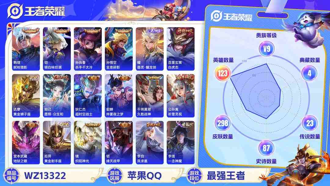 王者荣耀账号苹果QQ【WZF5548】贵族9/皮肤298/典藏4/传说23/史诗87/英雄123/孙悟空_全息碎影/孙尚香_杀手不太冷/铠_银白咏叹调/韩信_弑枪猎影/曜_器灵·螭龙剑/嬴政_优雅恋人/艾琳_女武神/狂