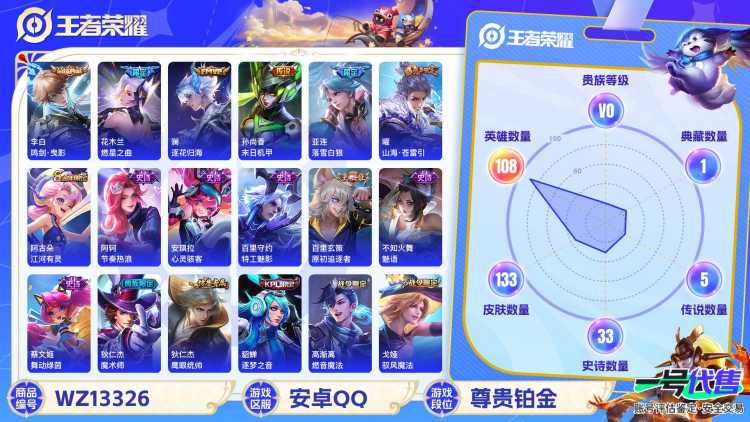 【WZF5552】贵族0/皮肤133/典藏1/传说5/史诗33/英雄108/李白_鸣剑·曳影/狂铁_特工战影/干将莫邪_胡桃夹子/孙尚香_末日机甲/曜_山海·苍雷引/花木兰_燃星之曲/澜_逐花归海/