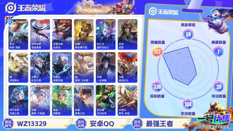 【WZF5561】贵族8/皮肤338/典藏1/传说20/史诗102/英雄123/李白_鸣剑·曳影/马可波罗_怪盗基德/孙尚香_蔷薇恋人/艾琳_女武神/高渐离_玩趣恶龙/狂铁_特工战影/狄仁杰_超时空