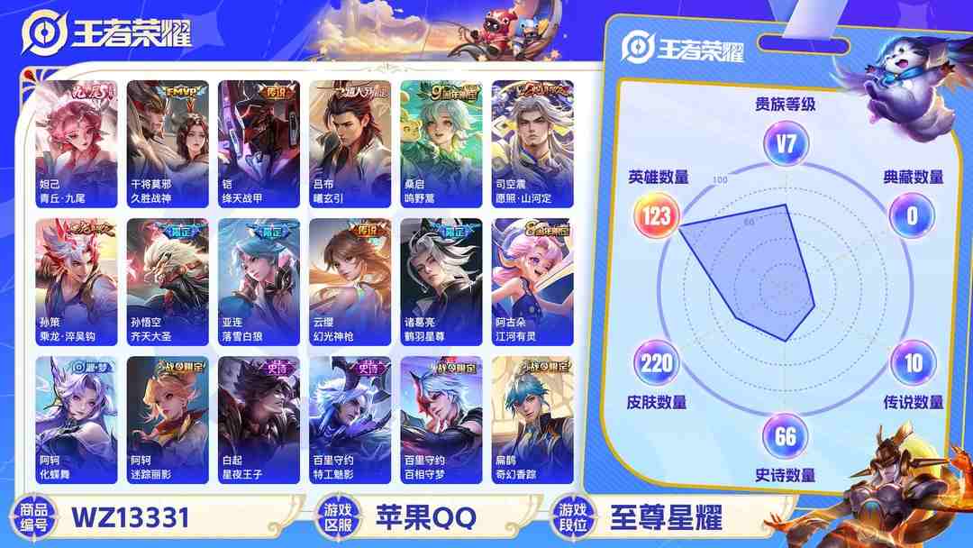 王者荣耀账号苹果QQ【WZF5558】贵族7/皮肤220/传说10/史诗65/英雄123/妲己_青丘·九尾/孙尚香_蔷薇恋人/艾琳_女武神/狂铁_特工战影/干将莫邪_久胜战神/铠_绛天战甲/孙悟空_齐天大圣/诸葛亮_鹤