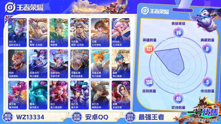 【WZF5555】贵族6/皮肤150/传说5/史诗45/英雄121/狄仁杰_超时空战士/桑启_鸣野蒿/云缨_幻光神枪/澜_愿照·九州拓/司空震_愿照·山河定/姜子牙_天穹之誓/狄仁杰_阴阳师/赵云_
